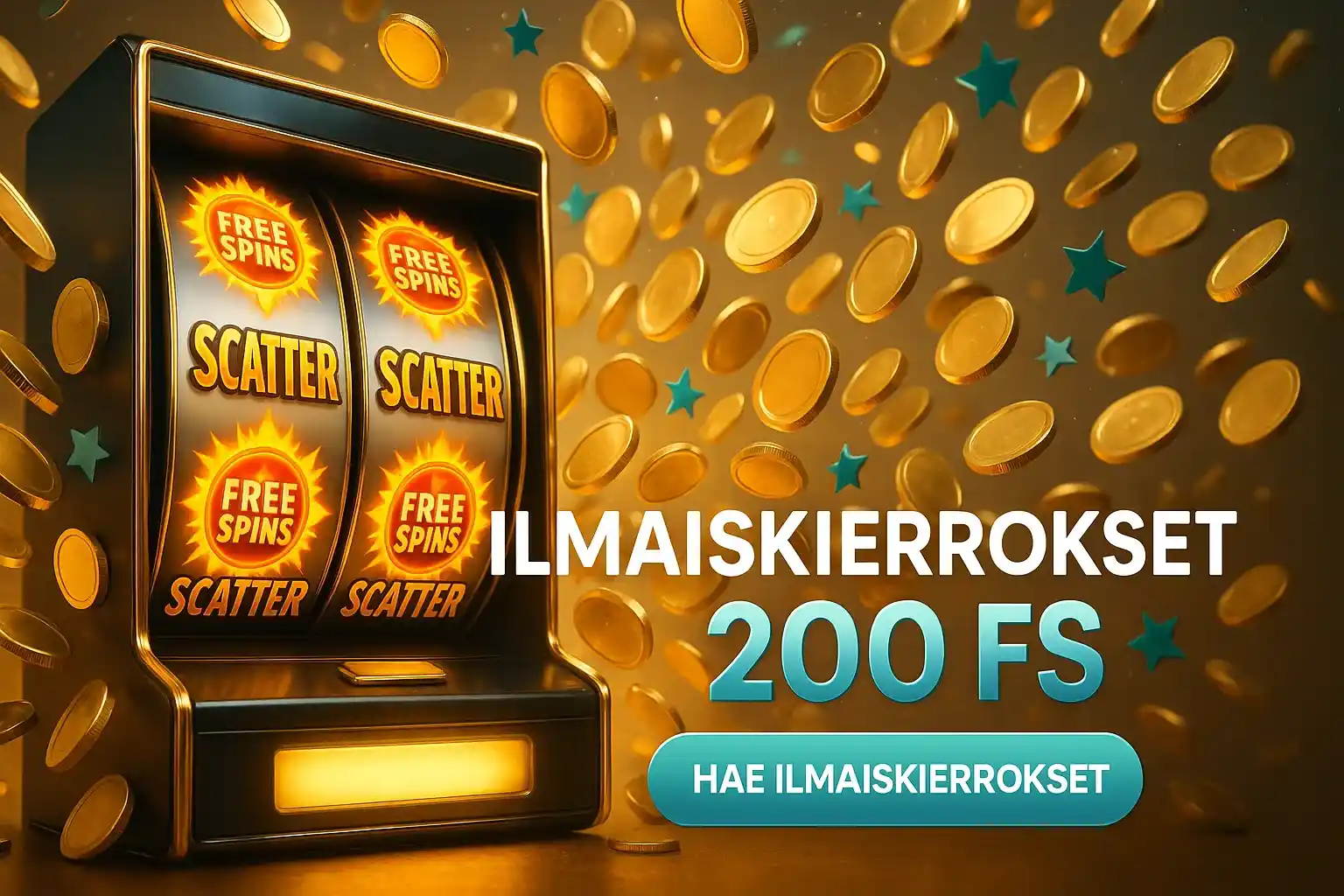 Fotorealistinen suomalainen kasinobanneri, hehkuva kolikkoryöppy ja 200 ilmaiskierrosta