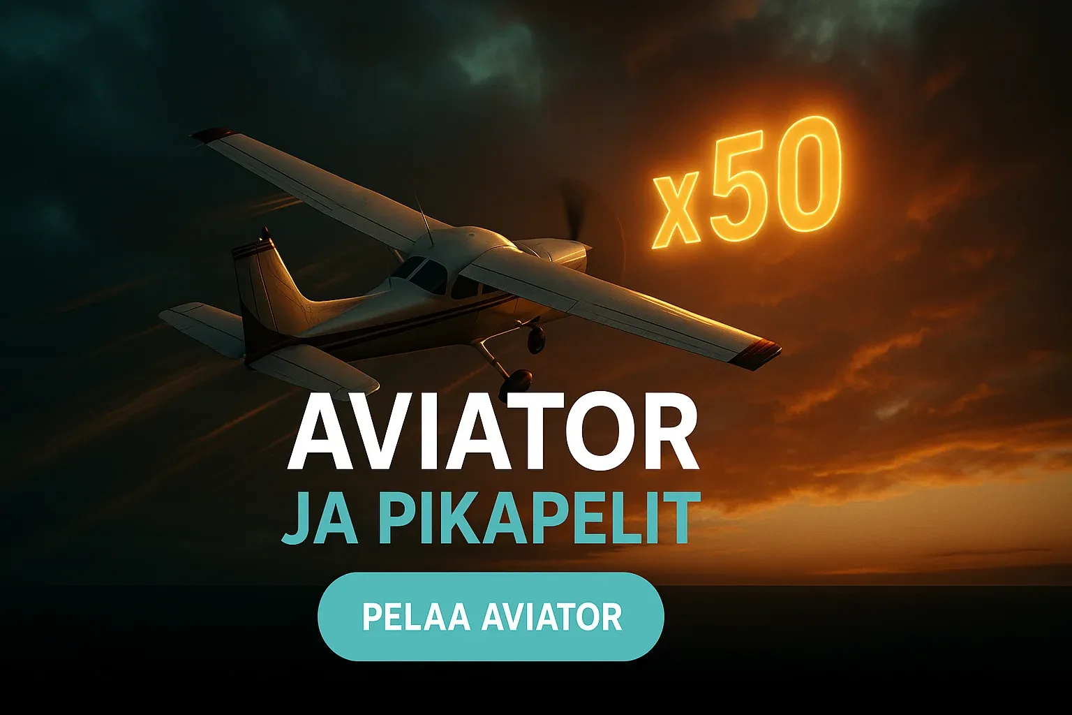 Fotorealistinen suomalainen kasinobanneri, lentokone nousee pilvien läpi, x50 hehkuu