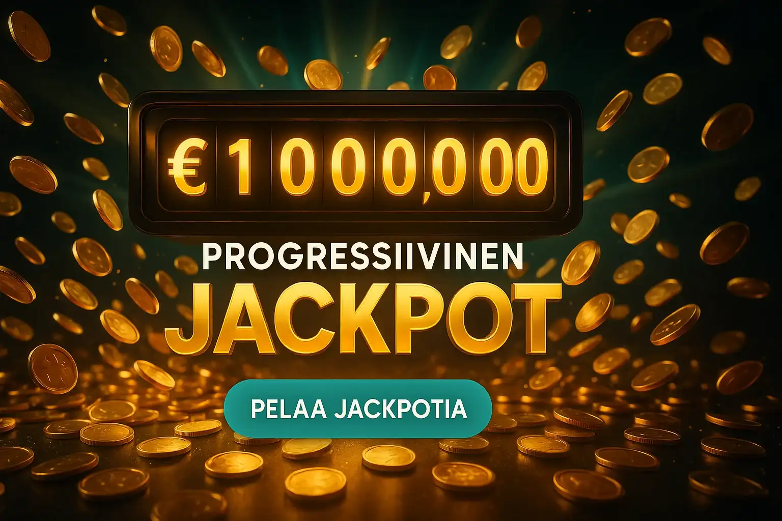 Suomalainen kasinobanneri, progressiivinen jackpot 1 000 000 €, kultakolikot ja CTA