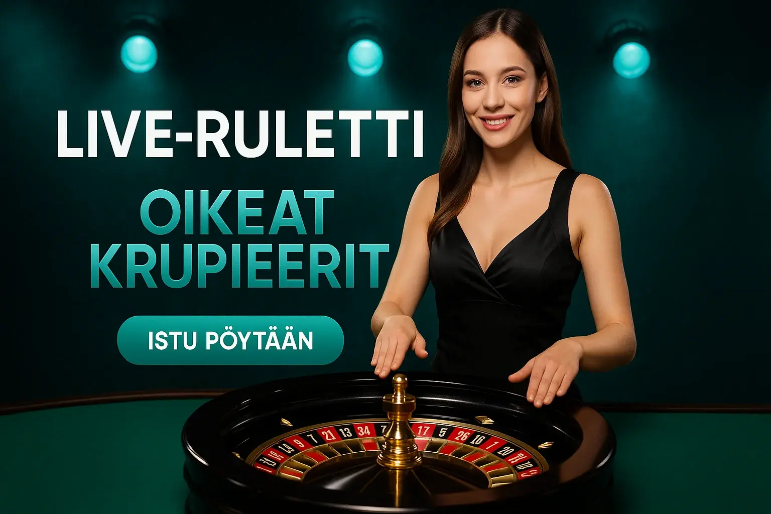 Fotorealistinen live-ruletti kasino banneri, krupieeri ja kultainen rulettipyörä