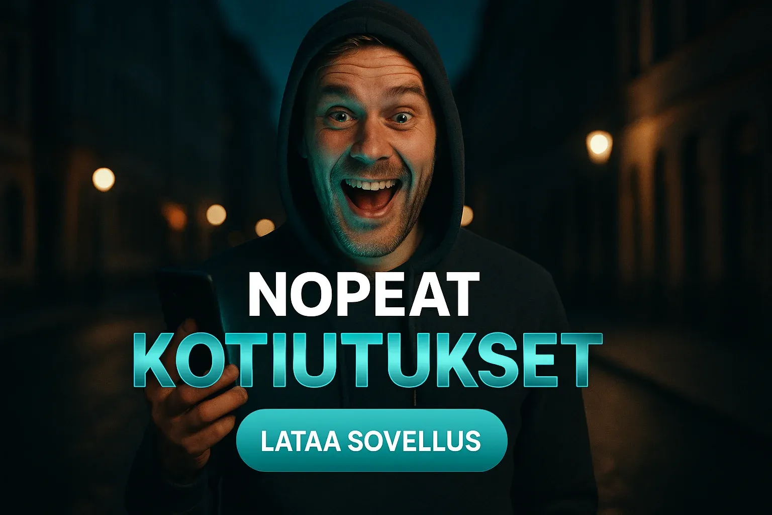 Suomalainen mies hupparissa, kasino sovellusbanneri, nopeat kotiutukset ja CTA