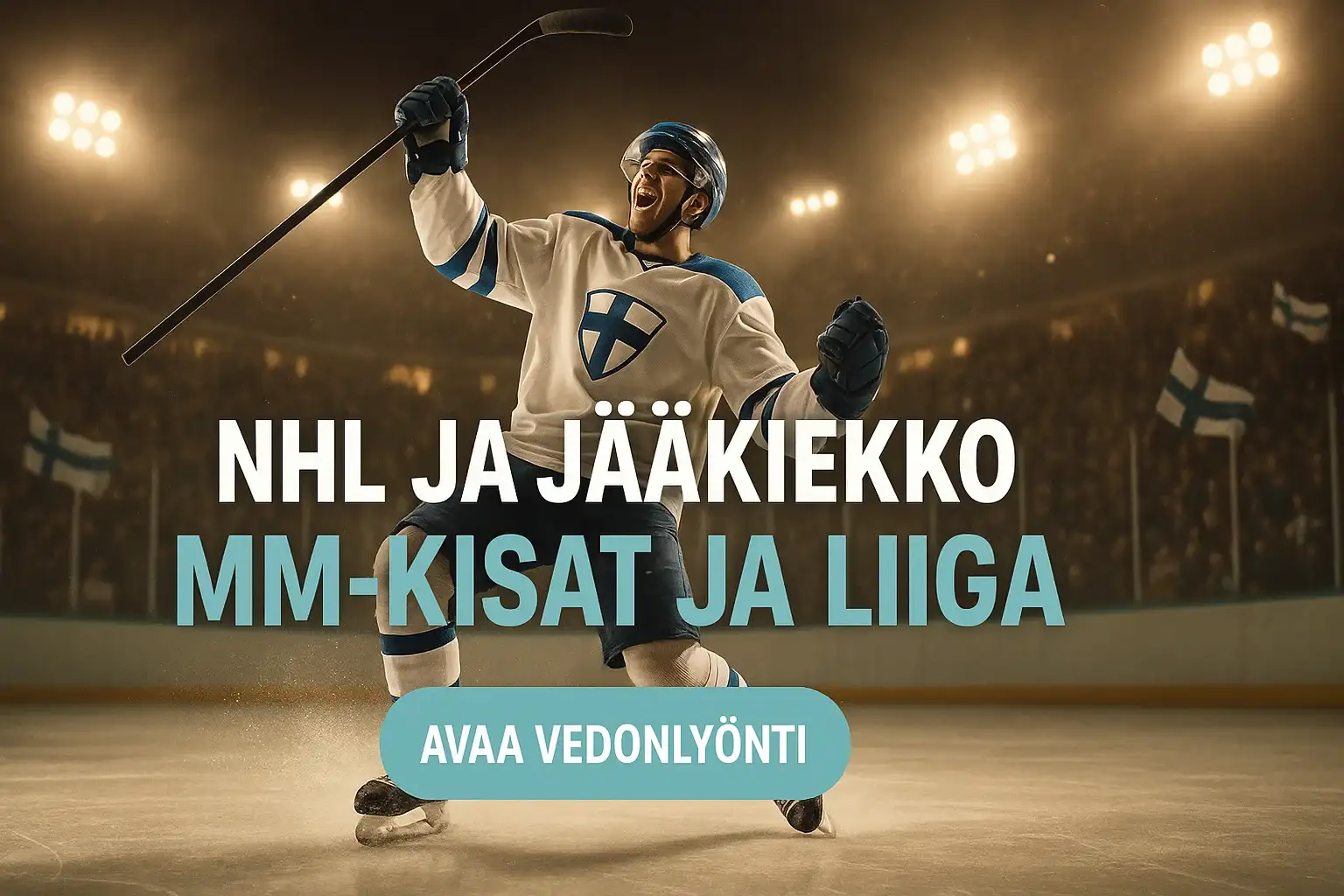 Fotorealistinen suomalainen jääkiekkoilija vedonlyönti bannerissa, teksti NHL ja jääkiekko